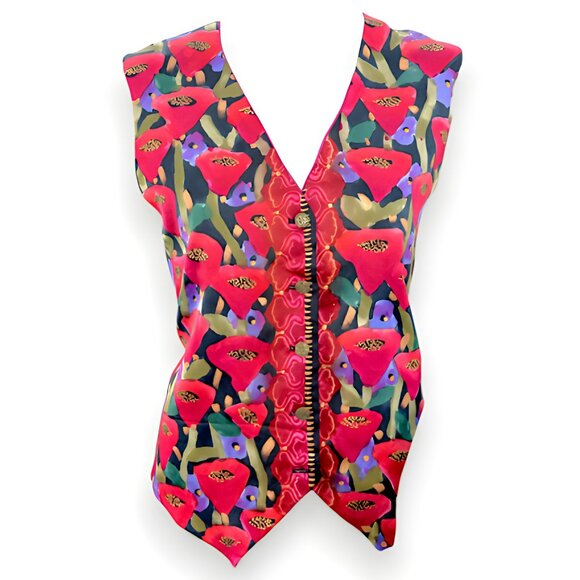 Wearable Art Red Green Purple Poppy Boho Artistic Chic Floral Cropped Vest M L - Picture 1 of 6